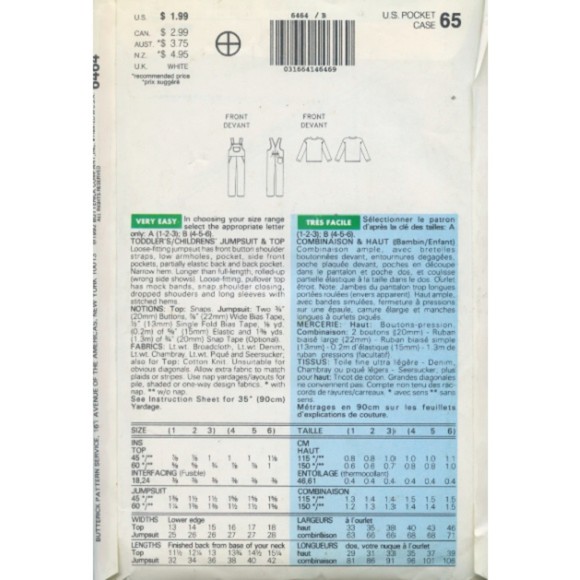 Vintage ©1992 See & Sew 6464 - Unisex Toddler's/Children's Jumpsuit and Top - Picture 2 of 2